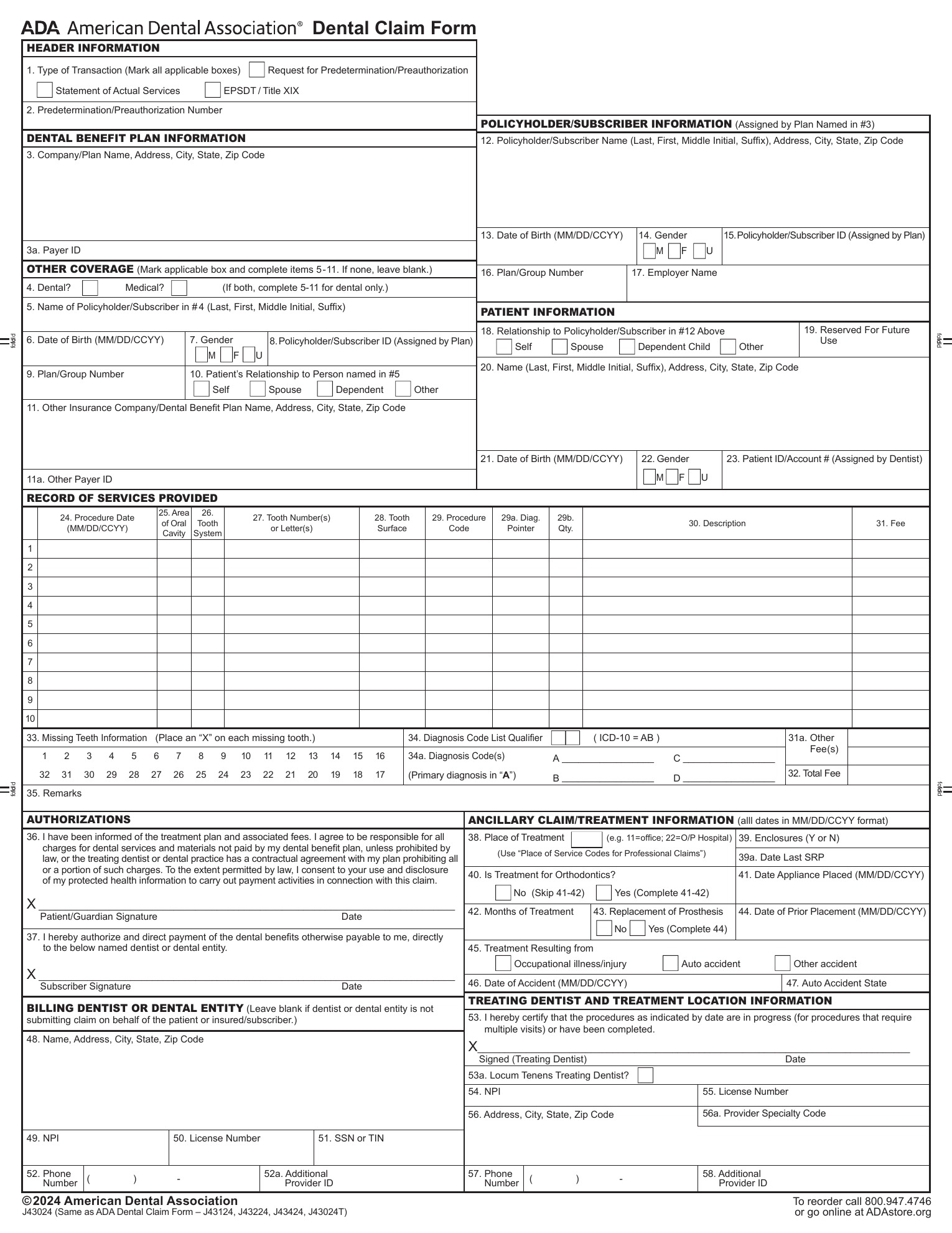 ADA J430D dental claim form